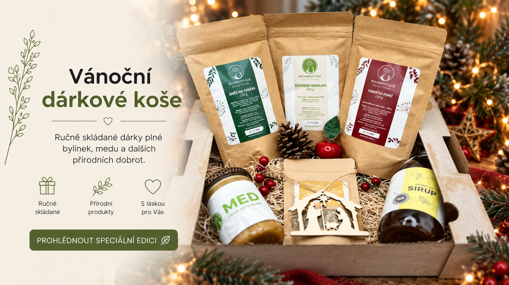 Vánoční dárkové koše plné bylinek, medu a přírodních produktů